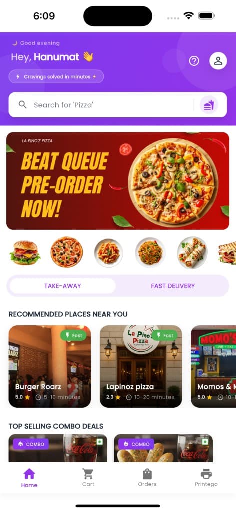 Hostego app — home screen with restaurants