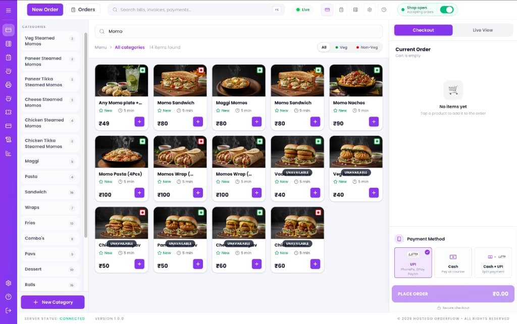 Hostego POS — New Order screen